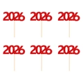 Set of six red glitter 2026 cake toppers with wooden sticks for New Year decoration - Style 1: 2026 / Red
