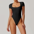 Body nero a maniche corte a coste con scollo squadrato e rifiniture in pizzo delicato - S / Nero Premium