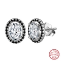 Elegant S925 sterling silver oval stud earrings with white zircon and black border stones - White Gold Plated
