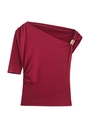 Detail of dark red one-shoulder top showing gold square buckle and soft pleated texture - Burgundy