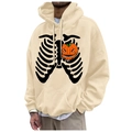 Beige hoodie for men featuring Halloween skeleton and pumpkin print with drawstring - S / Tops / Beige