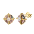 S925 sterling silver gold stud earrings with white pearl and iridescent shell disk - Golden Pearl Shell Base Stud Earrings (GPE25)