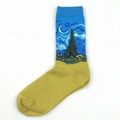 Artistic oil painting socks with Van Gogh's Wheat Field print in yellow and blue - Cypress Trees Yellow