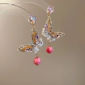 Detailed macro view of French crystal flower earrings with purple rhinestones and pearls - 18# 925 Sterling Silver Earring Post - Pink - Butterfly