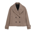 Dames korte wollen jas in lichtbruin met grote revers en dubbele rij knopen design - XS / Khaki