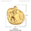 Macro view of 19mm gold stainless steel round coin pendant with embossed flower detail - YE210/Owl Coin