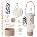 10-piece beige floral woven Stanley cup accessory set with plush heart and straw cover - Beige 10-Piece Set