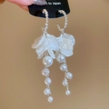 Detail of silver floral earrings with acrylic petals and hanging faux pearl tassels - Silver-White (6# Silver Pin)