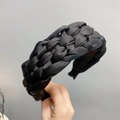 Detailed view of black braided satin headband with elegant twisted texture and rhinestones - 4.5CM Wide Black Solid