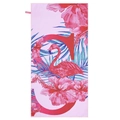 Detail of quick-dry towel with pink flamingo print, tropical flowers and hanging loop - Pink Flamingo / 70*150cm