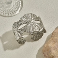 Silver open bangle with textured leaf design and botanical grain finish for women - Silver Hammered Wide