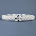 Detail of multi-row pearl waist chain featuring a blue floral gem buckle on metal base - 19303 Silver Flower Buckle