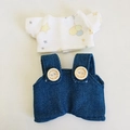 Plüschpuppen-Kleidungsset mit weißem Sternen-T-Shirt und blauer Jeans-Latzhose für 17cm Puppen - Geeignet für 17cm Anhänger / Elefanten-T-Shirt + Knopf Jeanslatzhose