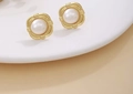 French vintage gold earrings with white pearl inlay and rectangular textured frame - ED13-Rounded Square Pearl