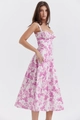 Detail of pink floral spaghetti strap dress with gathered bust and drawstring - S / Bottoms / White with Rose Red Floral