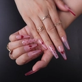 Long coffin press-on nails with red heart patterns and polka dots on a clear base - CBLCY-53 Clear Red Heart Dots