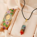Vintage cloisonne floral bangle watch and colorful stone resin pendant jewelry set - Crushed Stone Hexagonal Pillar Pendant Set (Purple)