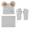 Winter set for children with light grey knit hat, double fur pom poms, scarf, and gloves - Gray
