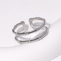 Anillo abierto minimalista de doble capa con nudo de bambú en acero inoxidable plata - Ajustable / Plateado