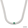Silver stainless steel herringbone chain necklace with round green gemstone pendant - Steel with Green Zircon