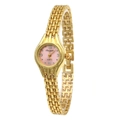 Detail view of the pink dial and golden metal chain strap of the women's fashion watch - Gold & Pink