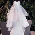 Short two-layer white bridal veil with sheer bow and sparkling rhinestones for weddings - Double Layer Bow with Rhinestones