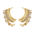 Luxurious gold C-shaped double layered stud earrings with marquise and round crystals - 1 Pair Pack / Gold White Zirconia