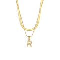 Double layer gold snake chain necklace featuring a white pearl letter R pendant - Letter R