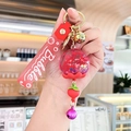 Red creative floating oil keychain with strawberry charm and double bells detail - Oil-filled Flower - Rose Red