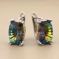 Detail of rose gold leverback earrings with rectangular rainbow crystals set in metal - Silver Style 3