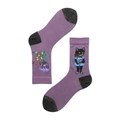 Purple cotton mid-tube socks featuring black cat and flower jacquard patterns on white - 35-39 / Purple Bouquet Cat
