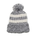Detail of grey and beige striped knit beanie with fluffy pompom and wide ribbed cuff - Grey and White Stripes
