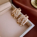 Makroaufnahme von goldenen Blatt-Ohrringen mit Zirkonia-Besatz in einer beigen Box - Gold