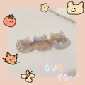 Detail of three-cat acetate hair clip with lavender marble texture and gold whiskers - Purple Pink Cat
