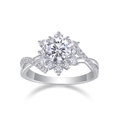 Eleganter S925 Sterlingsilberring mit rundem Diamant-Halo und gedrehter Pavé-Schiene - US 7 / Twist Halo Runder Stil (R12991)