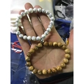 Matching couple bracelets with white turquoise stone and brown wooden texture beads - Lava Stone with Picture Stone (火山石/图画1对)