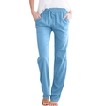 Detail view of cotton linen sky blue casual pants with drawstring waist and side pockets - S / Light Blue