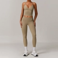 Women's eco-friendly yoga set featuring a khaki V-neck sports bra and high-waisted leggings - 8998 Vest + 8998 Skinny Jeans Dark Khaki