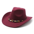 Detail of red wool cowboy hat featuring a colorful bohemian beaded ethnic hatband - M (56-58cm) / Burgundy