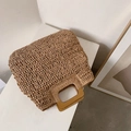 Grand sac cabas en paille tissée avec poignées carrées en bois pour la plage - Kaki