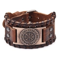 Brown braided leather bracelet with bronze rune compass wolf charm in vintage style - Cowhide/Alloy / Genuine Leather Antique Copper