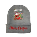 Detail of grey knitted Christmas hat featuring Santa Claus print and Merry Christmas text - Grey-Style B