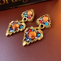 Macro view of vintage gold earrings with orange crystal and colorful bead embellishments - 10# Silver Pin - Multicolor