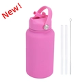 Pink 650ml stainless steel insulated sport bottle with handle lid and cleaning straws - Rose Red