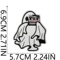 Ghost embroidery patch with pink camera showing dimensions 5.7cm x 6.9cm on white background - Camera Ghost (43)