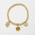 Goldenes Perlenarmband mit Schildkröten-, Muschel- und Herzanhängern und Zirkonia - Brauner Schildkrötenanhänger / Braun