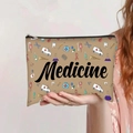 Canvas makeup bag with medical pattern and zipper featuring Medicine text print - Medicine Bag Light Brown Style (jiayingpbb0135)