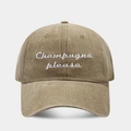 Detail showing the white embroidered Champagne please text on a khaki vintage baseball cap - Adjustable / Khaki