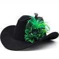 Classic black wool felt top hat with green flowers and feathers for festive parties - M (56-58cm) Adjustable / Style 3 Black