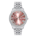 Detail of pink Roman numeral dial with iced-out diamond bezel and date window on watch - Silver Case Pink Dial